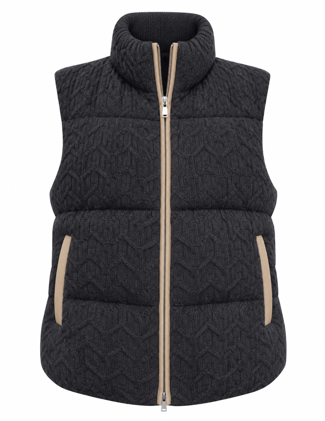 Dark grey cashmere cable knit puffer gilet with leather trim zip and pockets – Dolcie London