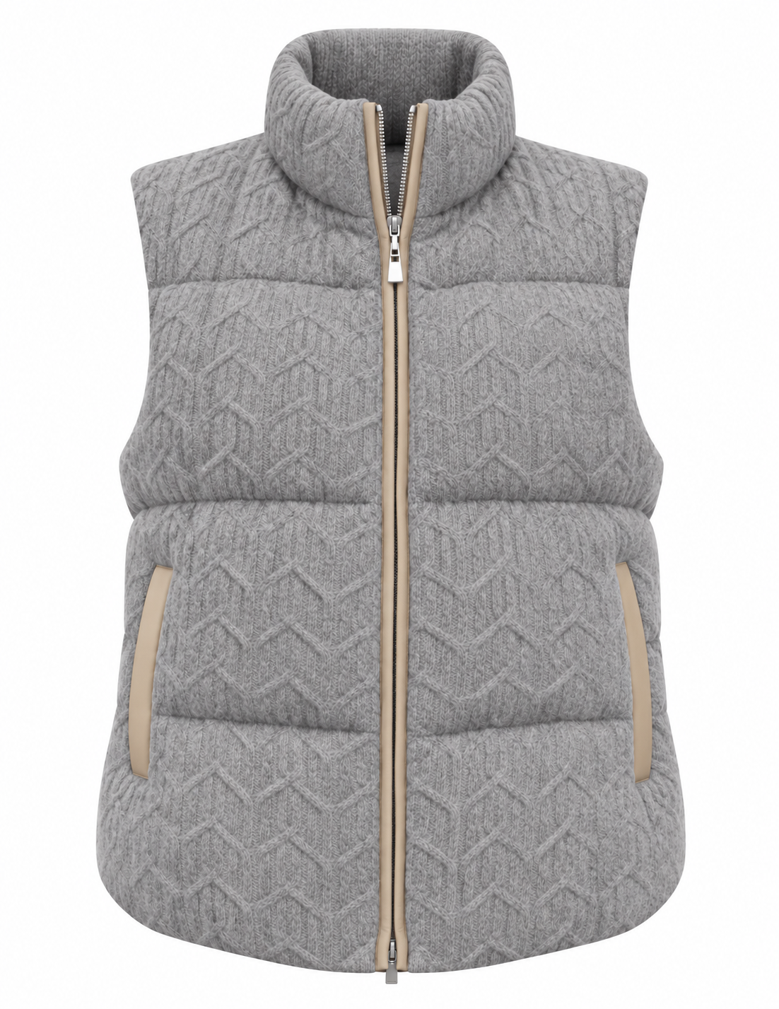 Grey cashmere cable knit puffer gilet with leather trim zip and pockets – Dolcie London