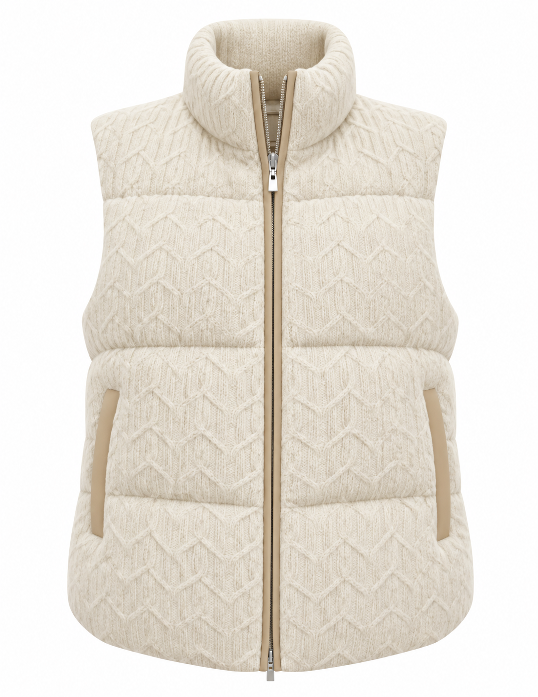 Ivory cashmere cable knit puffer gilet with leather trim zip and pockets – Dolcie London