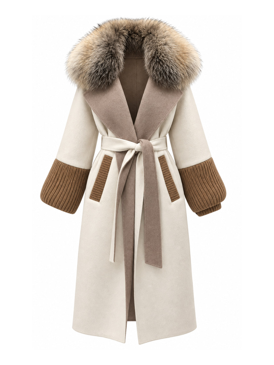 Ivory cashmere wool belted coat with golden fur collar, contrast lapels and camel knit cuffs – Dolcie London