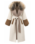 Ivory cashmere wool belted coat with golden fur collar, contrast lapels and camel knit cuffs – Dolcie London