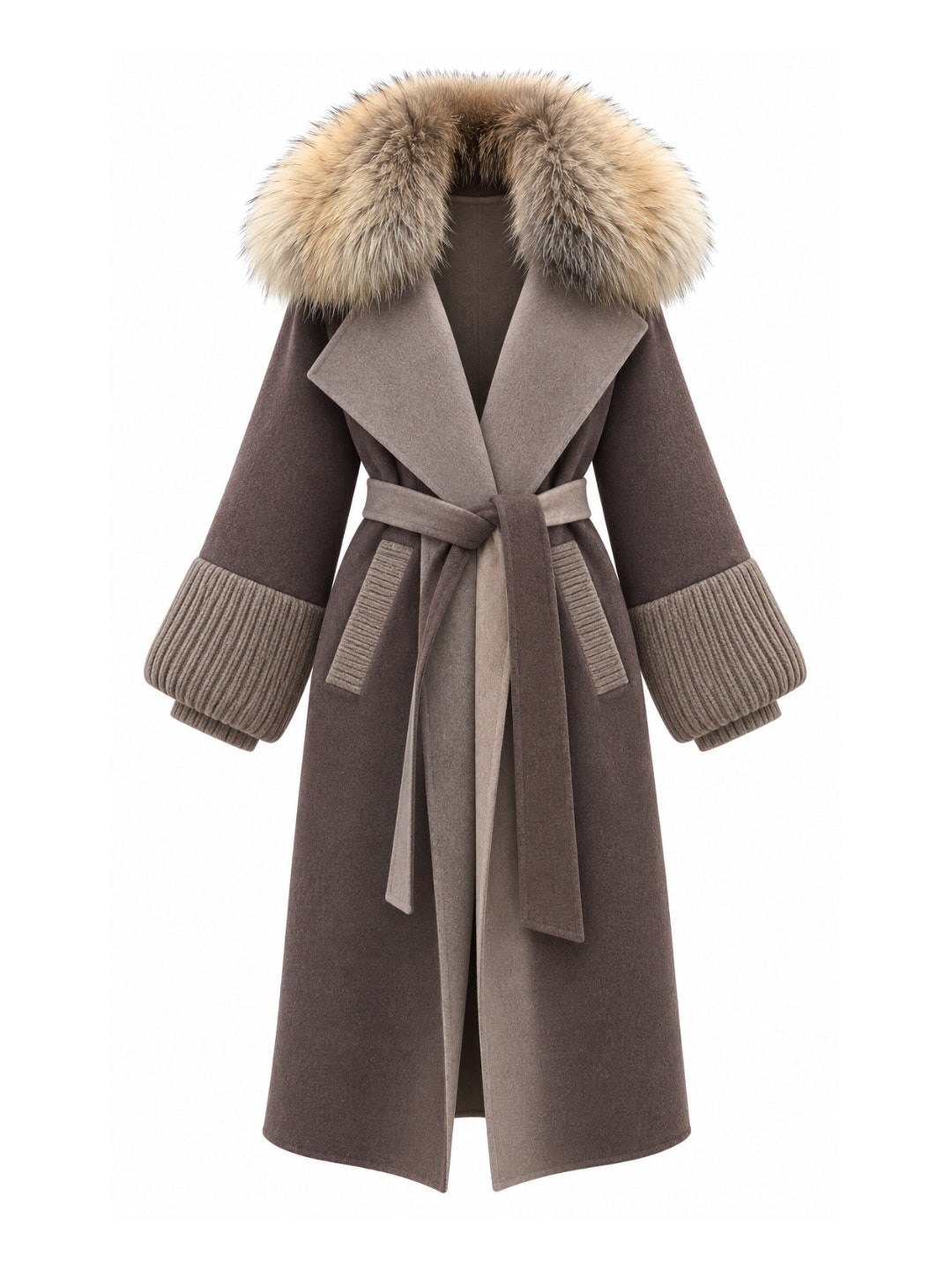 Mocha cashmere wool belted coat with golden fur collar, contrast lapels and chunky knit cuffs – Dolcie London