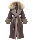 Mocha cashmere wool belted coat with golden fur collar, contrast lapels and chunky knit cuffs – Dolcie London