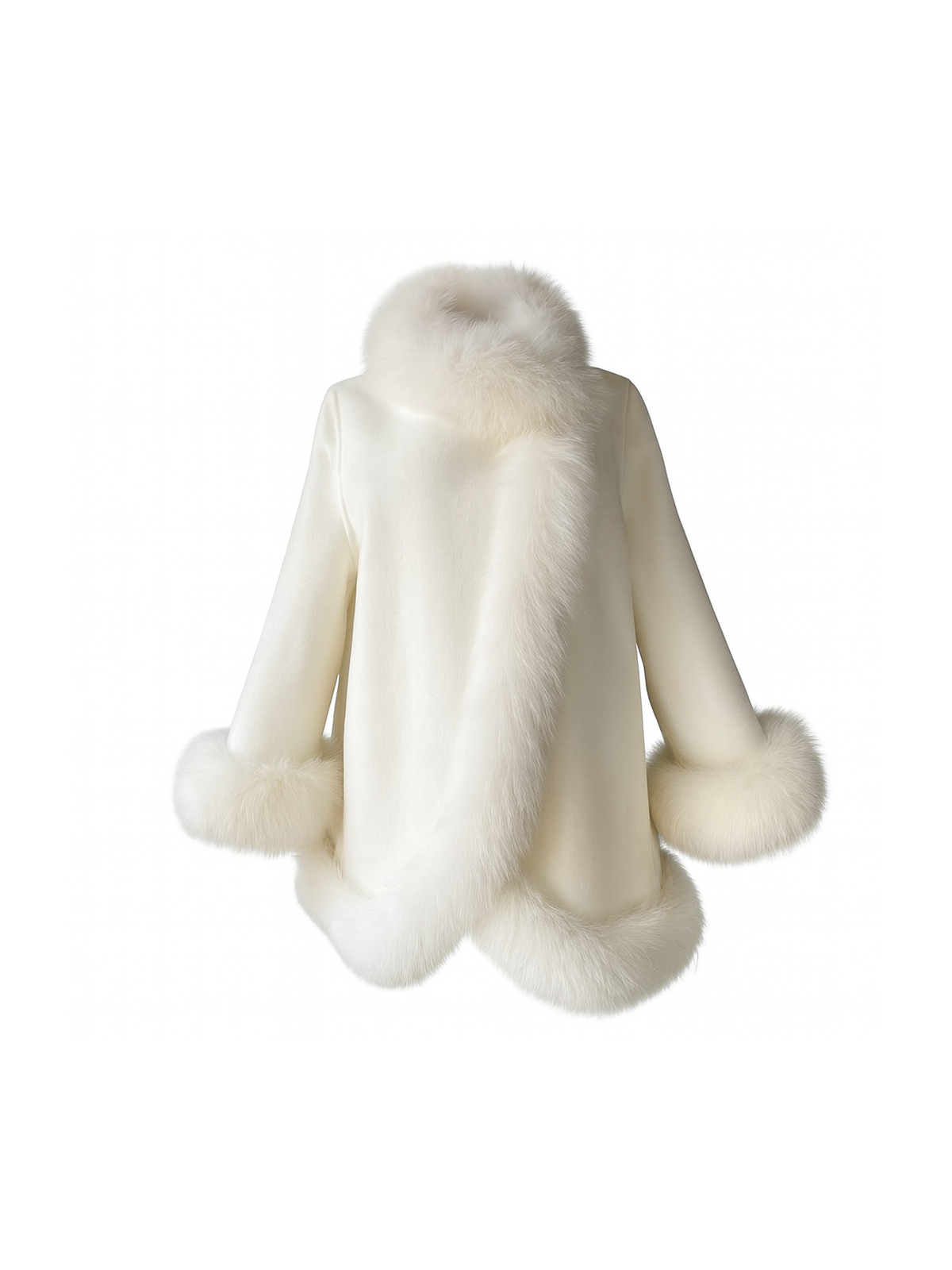 Winter white short cashmere coat with fox fur collar and cuffs – front view – Dolcie London