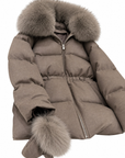 Toffee down puffer jacket with fox fur hood and cinched waist – alternate view – Dolcie London