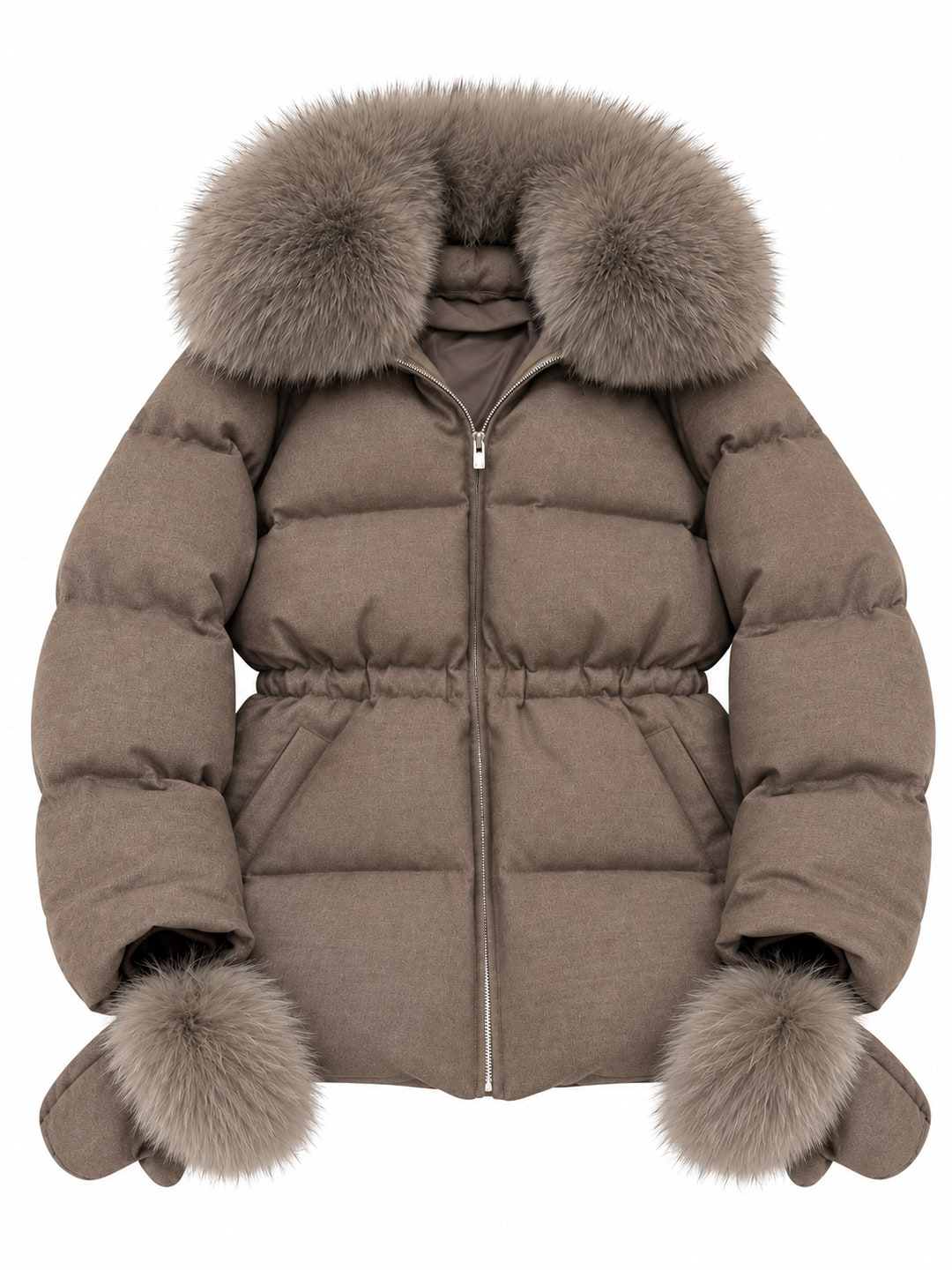 Toffee cropped down puffer jacket with matching fox fur hood and built-in fox fur trimmed gloves – Dolcie London