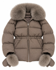 Toffee cropped down puffer jacket with matching fox fur hood and built-in fox fur trimmed gloves – Dolcie London