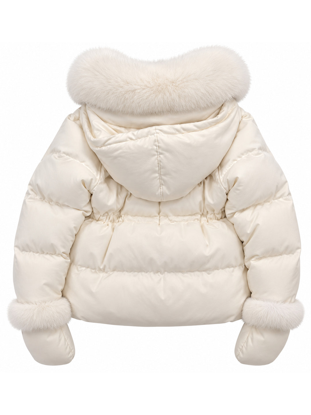 Back view of the winter white cropped down puffer jacket showing the fox fur hood, cinched drawstring waist and fur trimmed gloves – Dolcie London