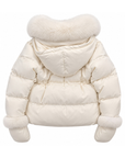 Back view of the winter white cropped down puffer jacket showing the fox fur hood, cinched drawstring waist and fur trimmed gloves – Dolcie London