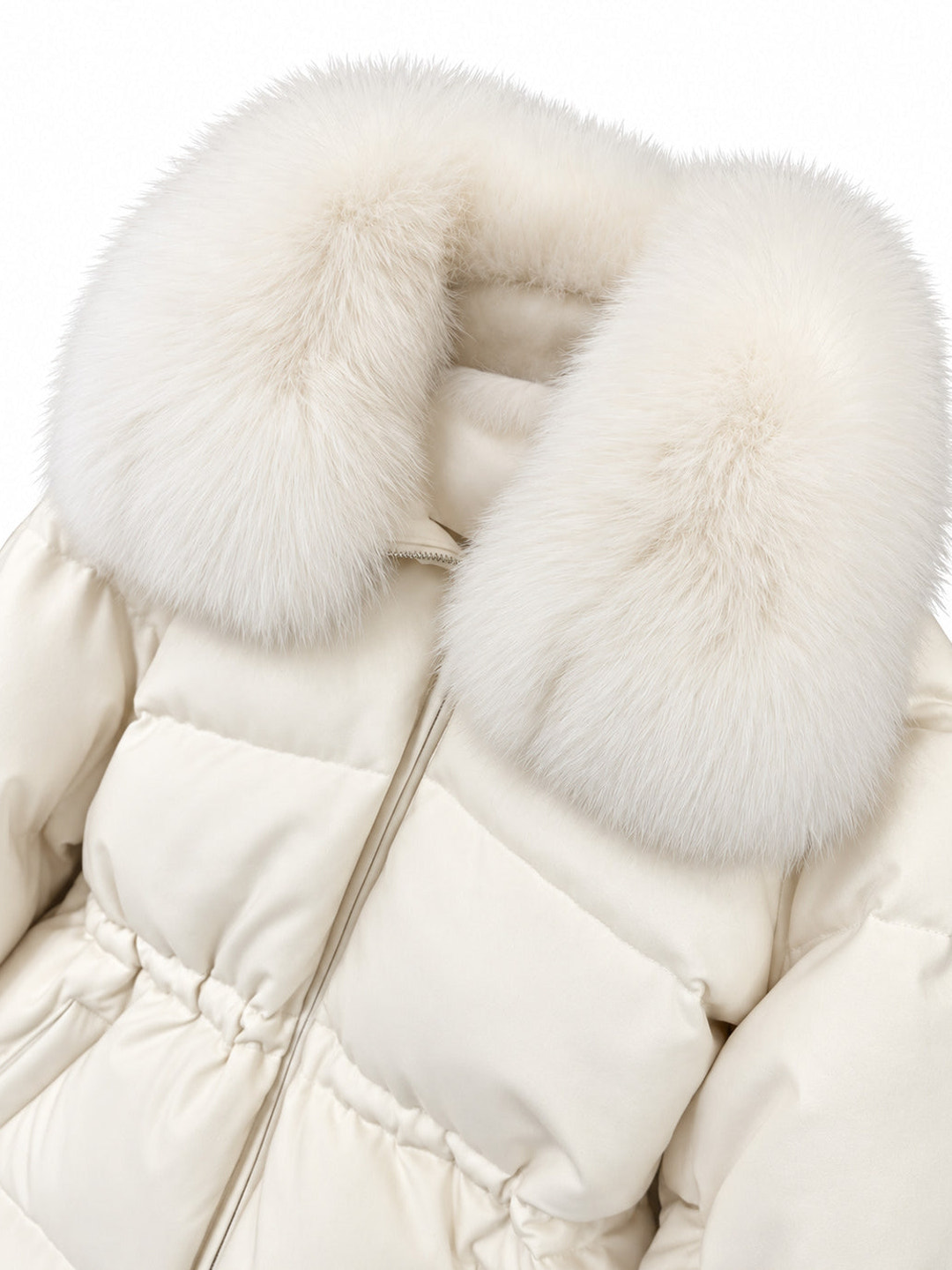 Close-up of the voluminous fox fur hood trim and drawstring waist on the winter white down puffer jacket – Dolcie London