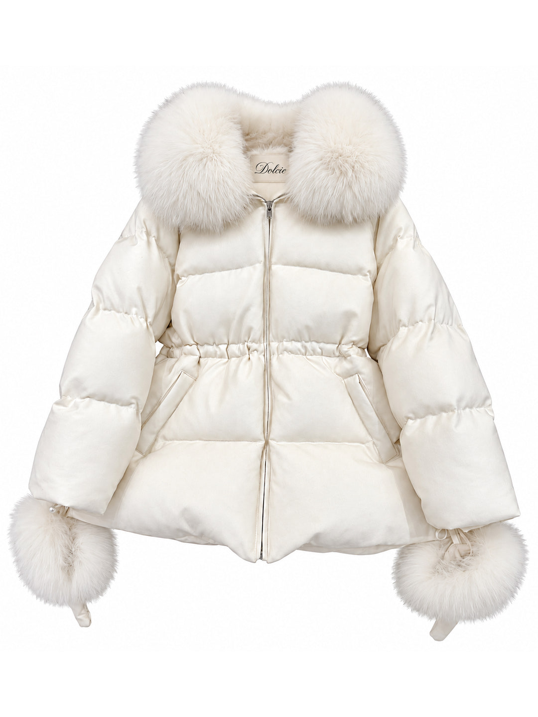 Winter white cropped down puffer jacket with fox fur hood and built-in fox fur trimmed gloves – Dolcie London
