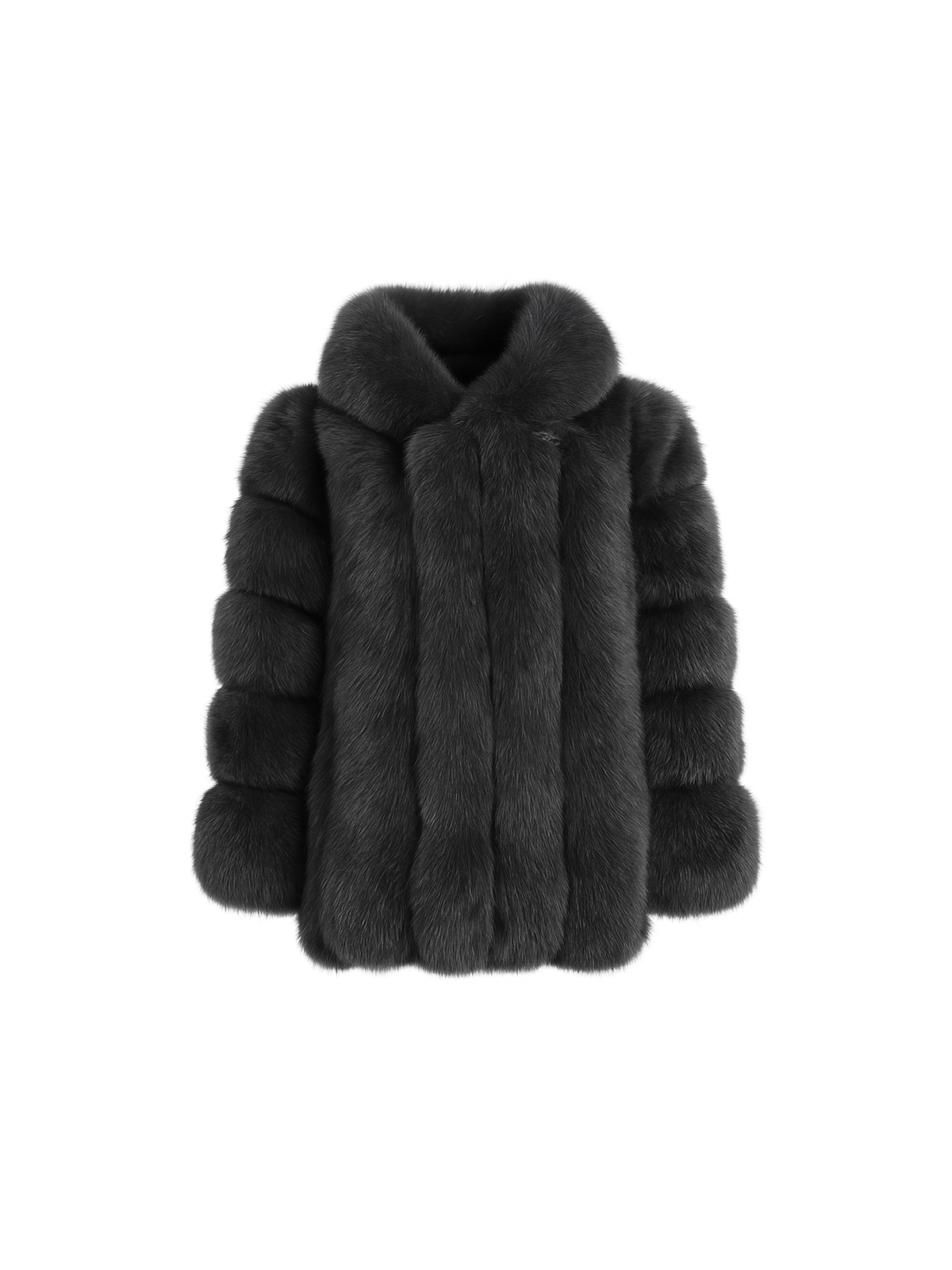 Dark grey hooded straight rows long fox fur coat – front view