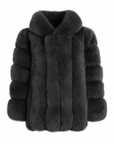 Dark grey hooded straight rows long fox fur coat – front view