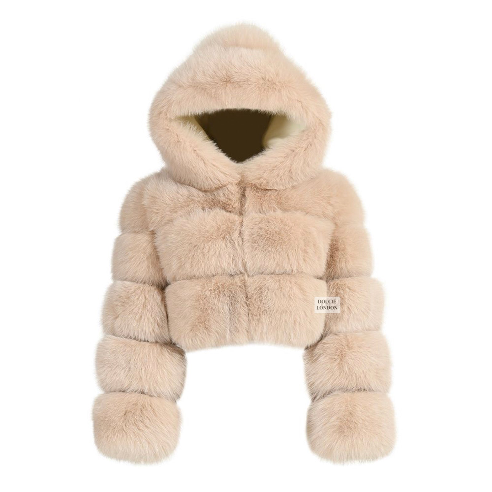 light beige cream hood fur coat