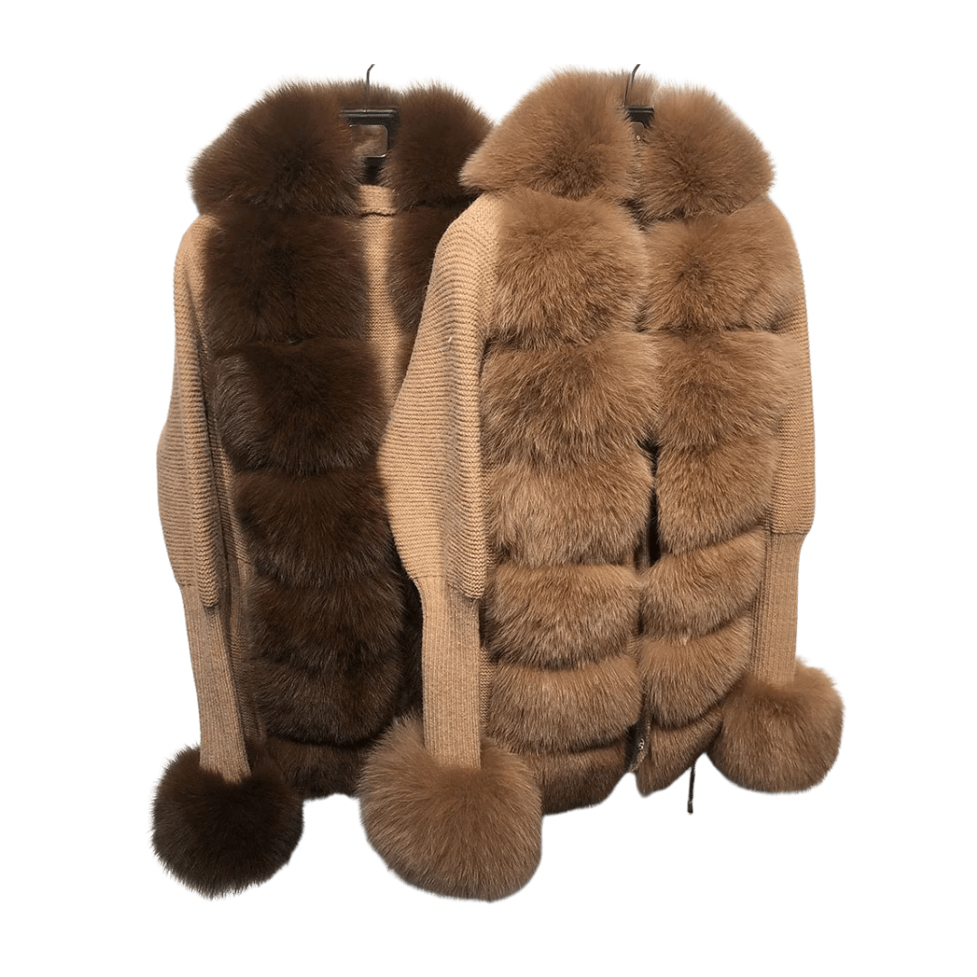 Real fox fur cardigan for women. Fur trimmed knitted cardigan. Luxury natural fox fur cardigan with collar &amp; cuffs. Knitwear with fur. Detachable, removable fur made with a stretchy wool cardigan. Free UK, EU &amp; USA delivery.  Fur coat. Women's knitwear. Fur trimmed knitwear cardigan. Real fur coats. Fur coats. Winter coats women's. Fur jackets womenswear. Luxury fur jacket. Premium high quality fur coats. camel fur coat. camel coat. brown fur coat. brown jacket womens