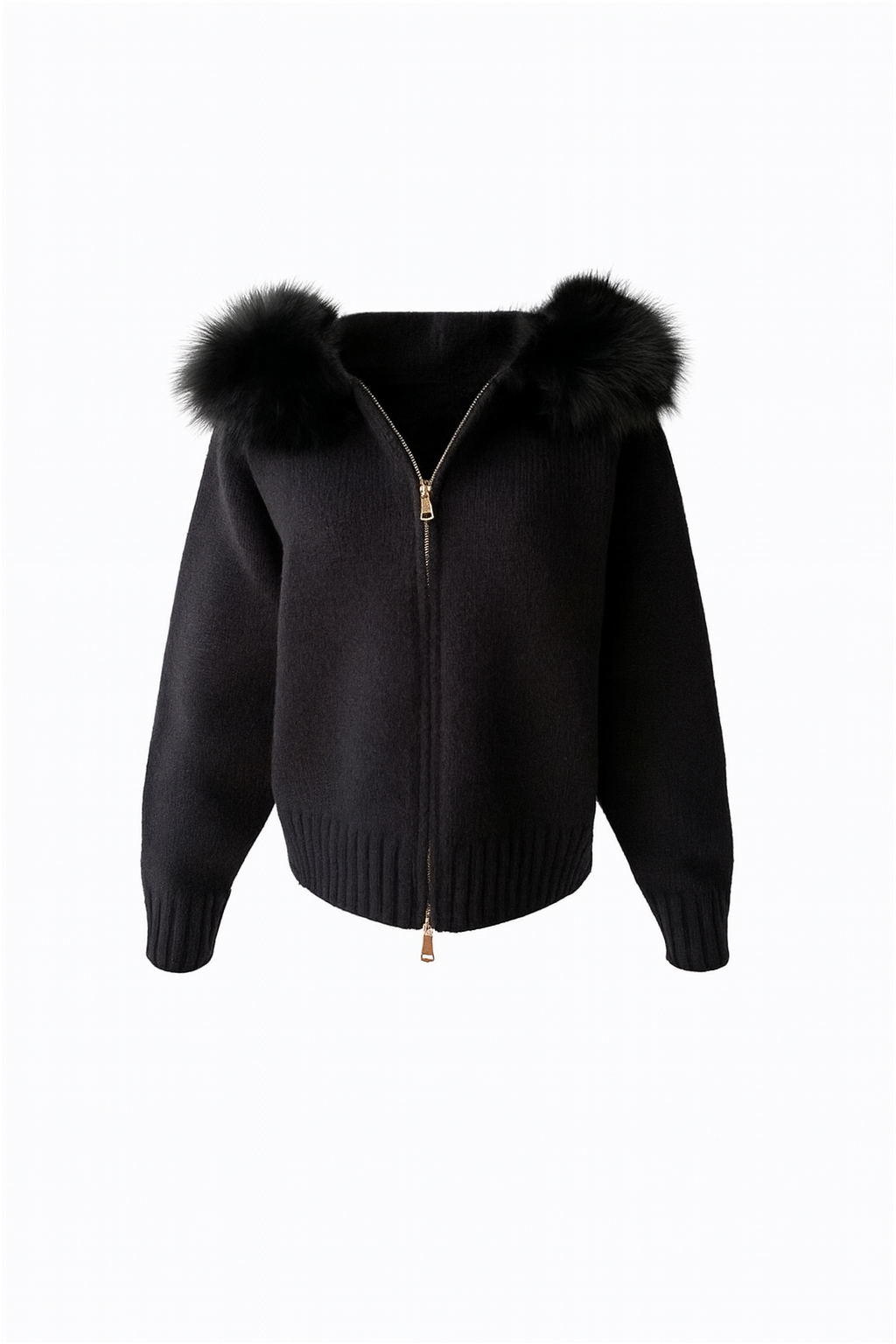 Black knitted zipped hoodie with fox fur hood – front view