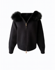 Black knitted zipped hoodie with fox fur hood – front view