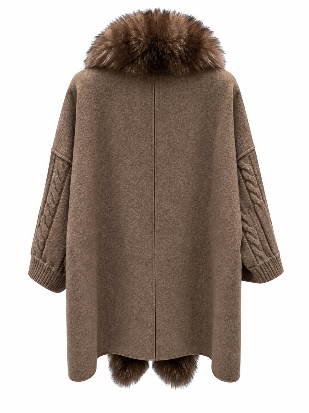 Back view of the beige wool blend midi cardigan with fox fur collar and cable knit sleeves – Dolcie London