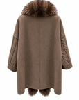 Back view of the beige wool blend midi cardigan with fox fur collar and cable knit sleeves – Dolcie London