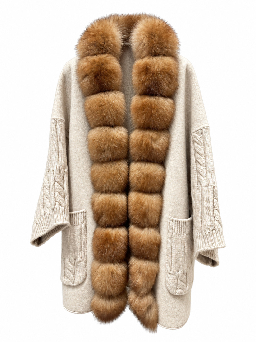 Beige wool blend midi cardigan with detachable fox fur collar, cable knit sleeves and patch pockets – Dolcie London
