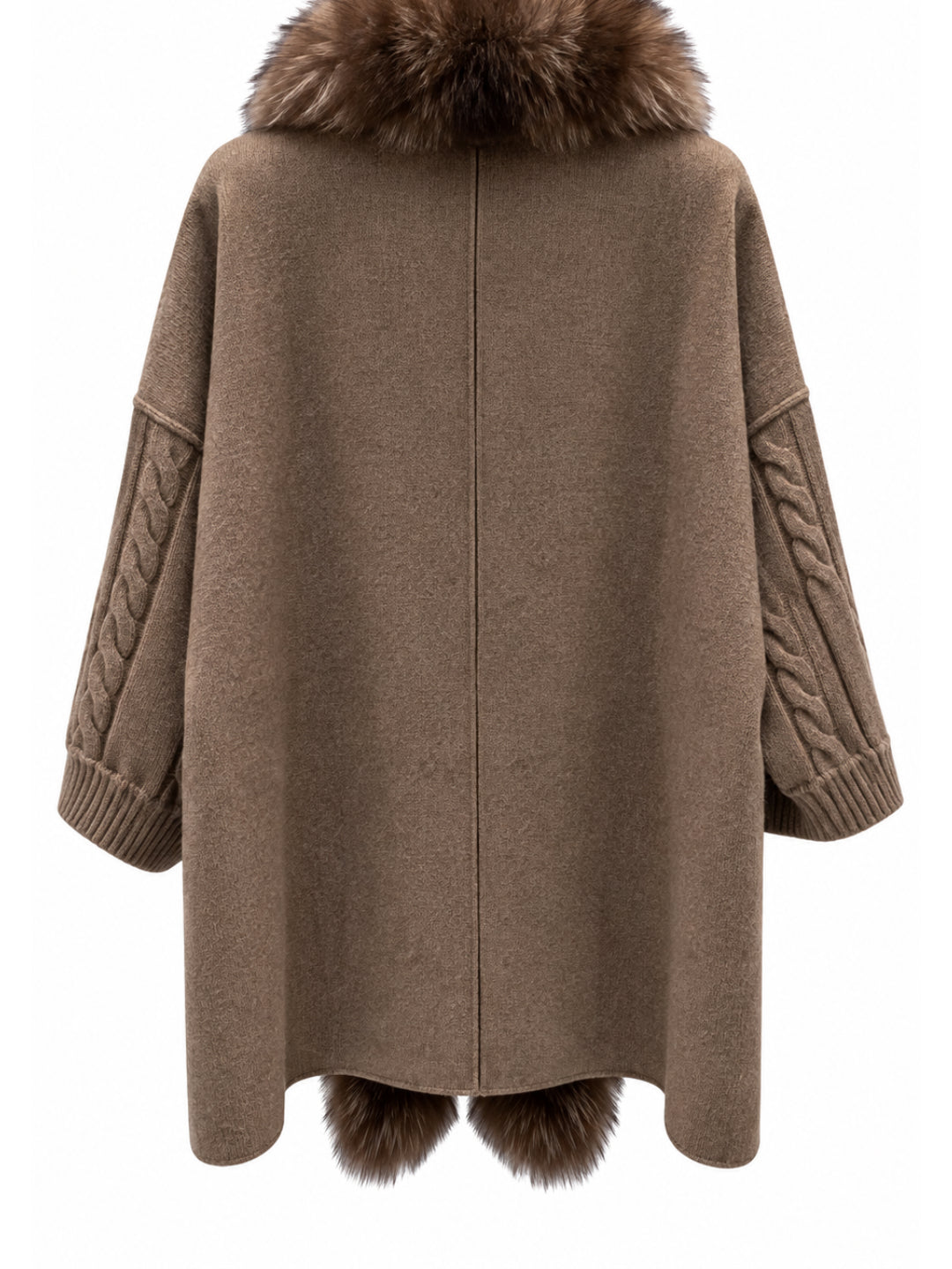 Back view of the brown wool blend midi cardigan with fox fur collar and cable knit sleeves – Dolcie London