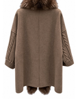 Back view of the brown wool blend midi cardigan with fox fur collar and cable knit sleeves – Dolcie London