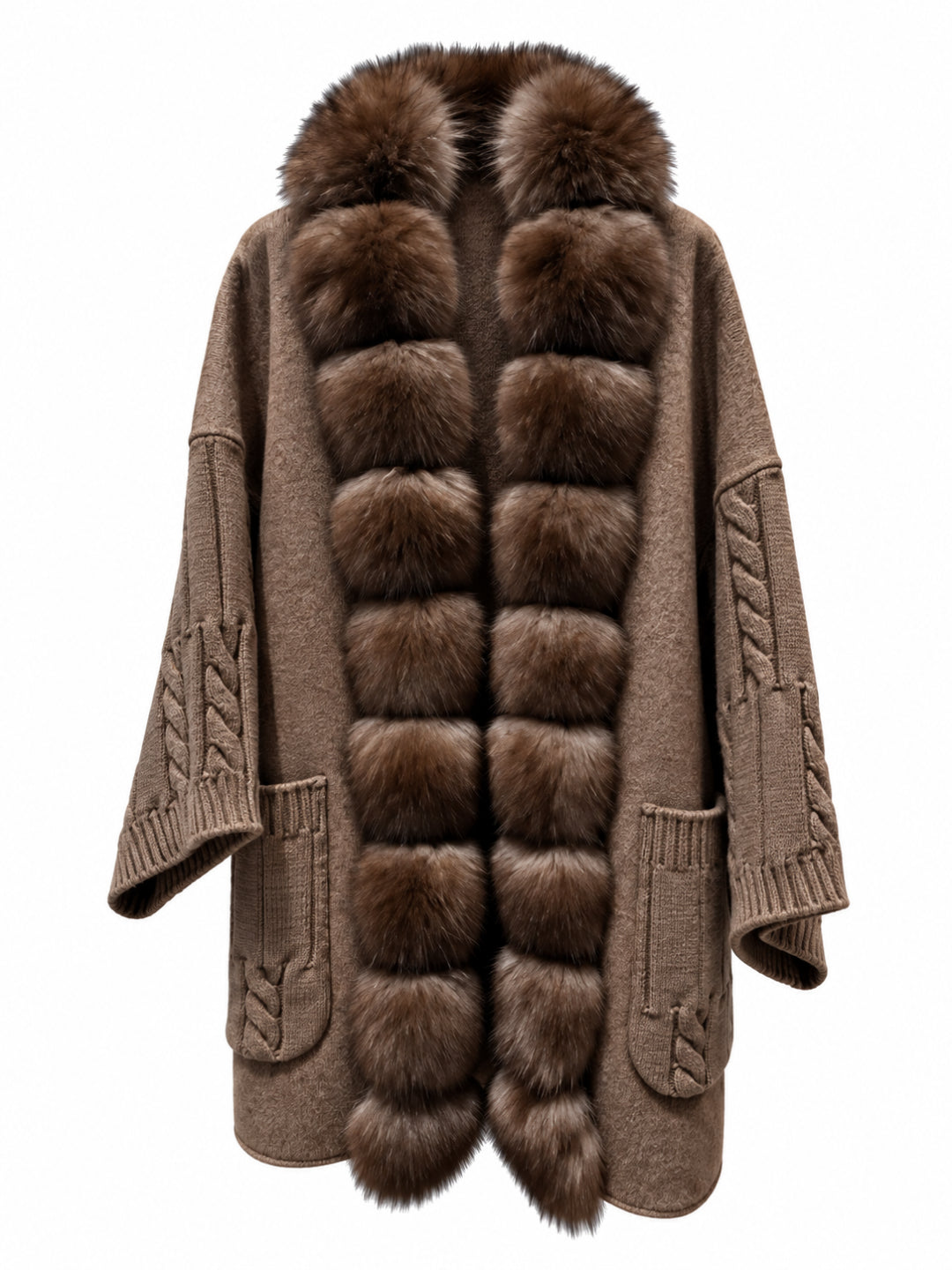 Brown wool blend midi cardigan with detachable fox fur collar, cable knit sleeves and patch pockets – Dolcie London