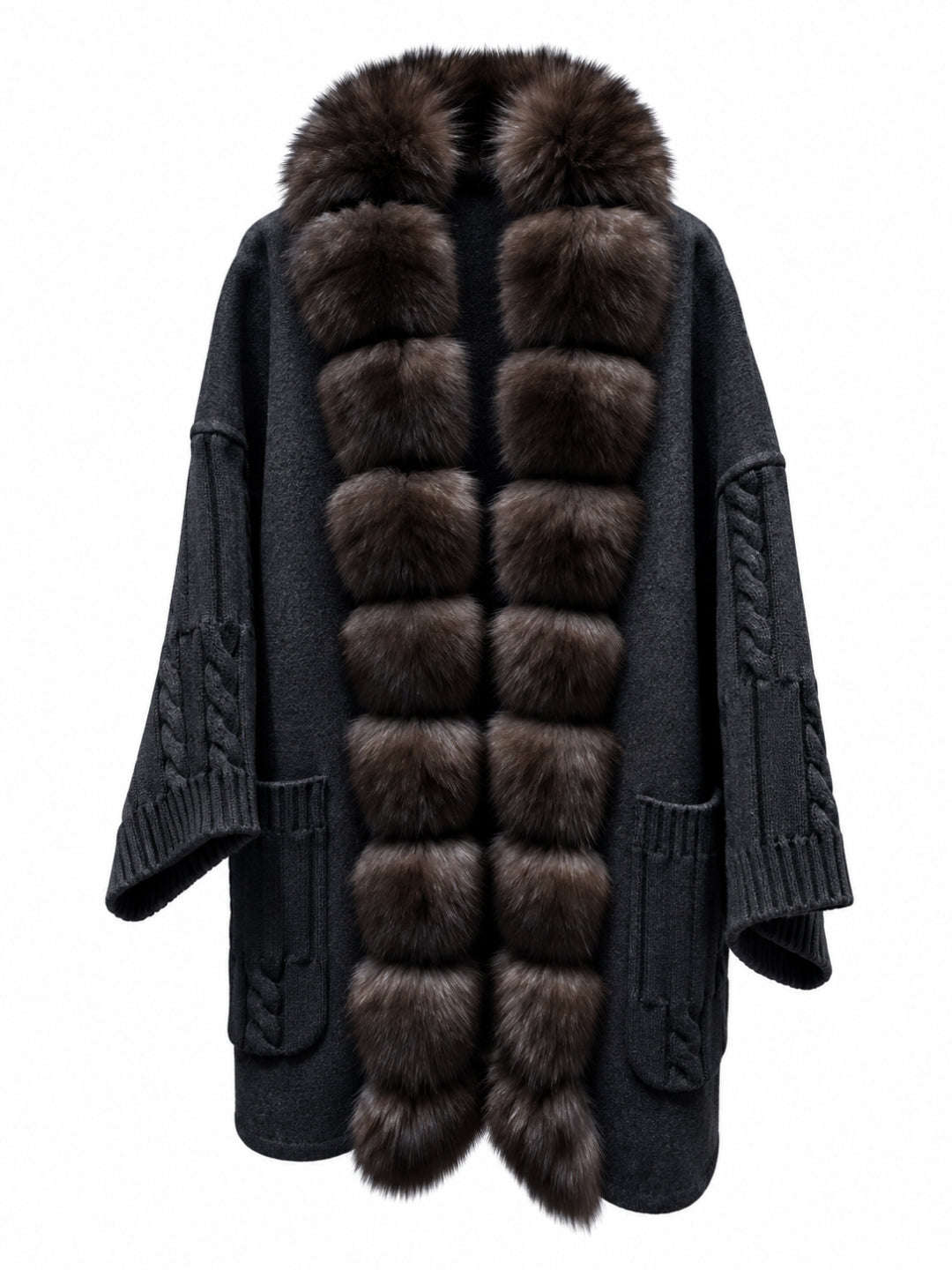 Dark grey wool blend midi cardigan with detachable fox fur collar, cable knit sleeves and patch pockets – Dolcie London