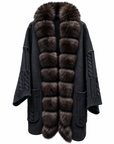 Dark grey wool blend midi cardigan with detachable fox fur collar, cable knit sleeves and patch pockets – Dolcie London