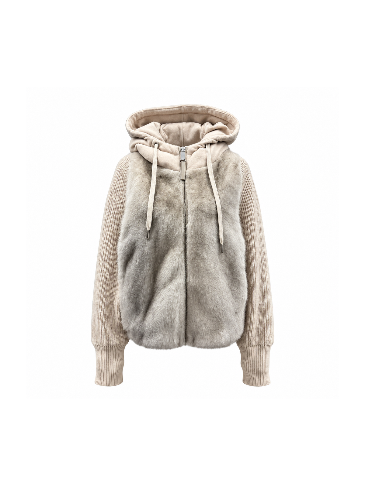 Beige mink fur hooded down jacket with knit sleeves – Dolcie London