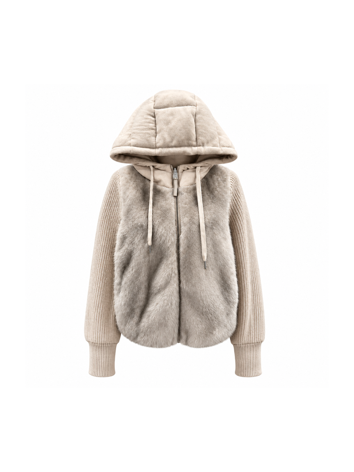 Beige mink fur hooded down jacket – front view