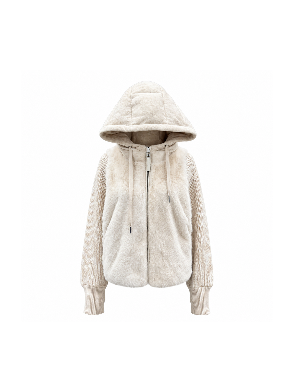 White mink fur hooded down jacket with knit sleeves