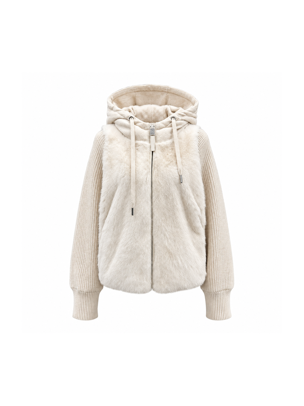 White mink fur hooded down jacket – front view