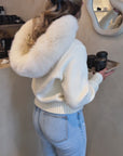 Knitted Zipped Hoodie with Fur Hood