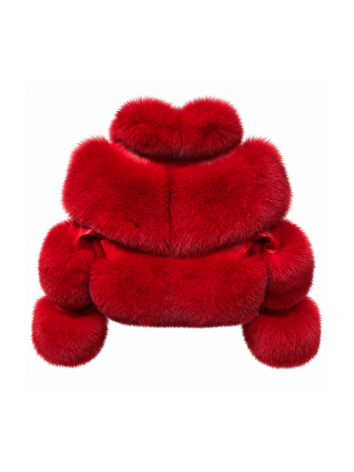 Rose red cropped fox fur collar coat with leather sleeves – back view