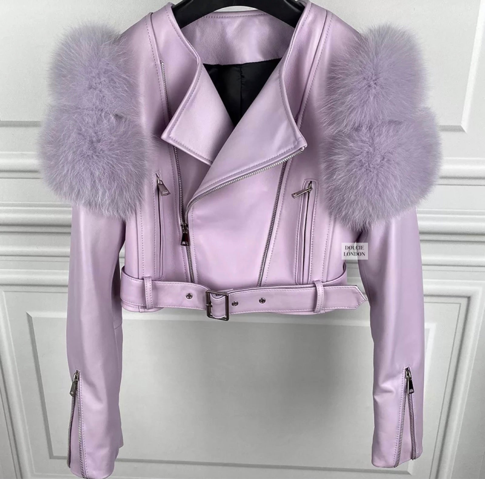 Pink leather 2024 jacket with fur